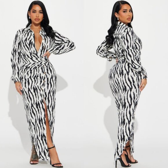 Fashion Nova Crepe Asymmetrical Button Front Long Sleeve Maxi Dress New Large - Picture 1 of 14